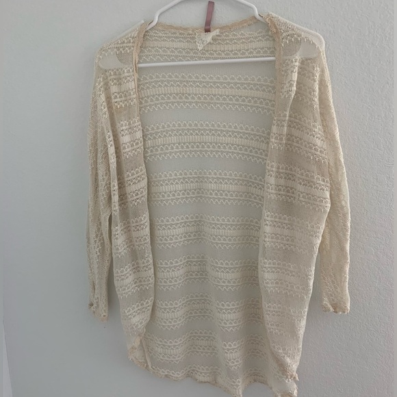 Vintage Off-White Lace Open Cardigan Three Quarter Sleeve Cream Lacey Top - Picture 3 of 6